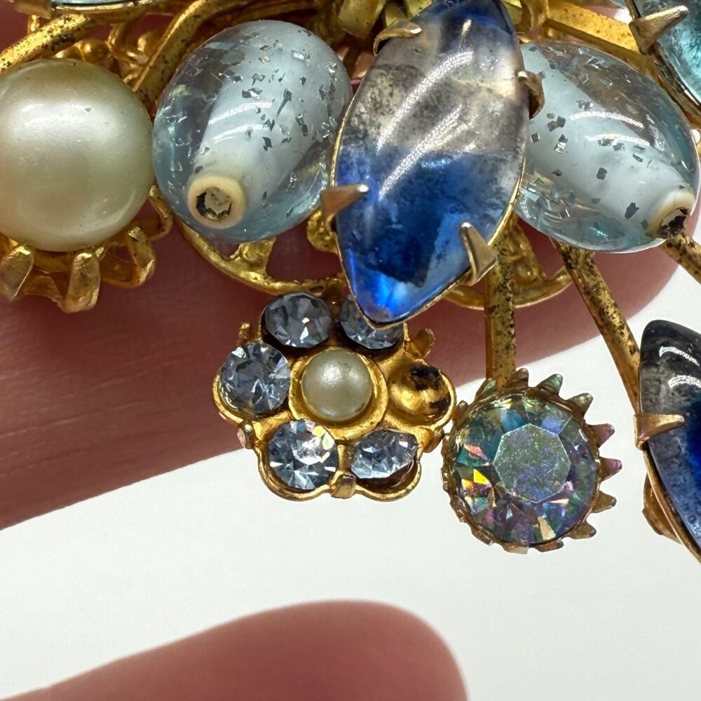 Vintage Judy Lee Art Glass Blue Spray Flower Brooch Pin READ - Picture 9 of 11